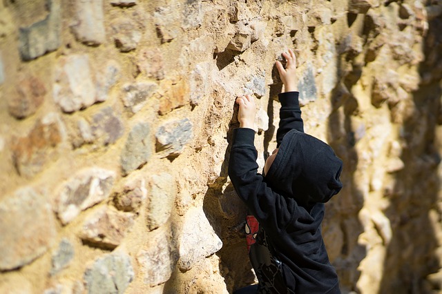 Young boy rock climbing to represent the various developmental stages of childhood